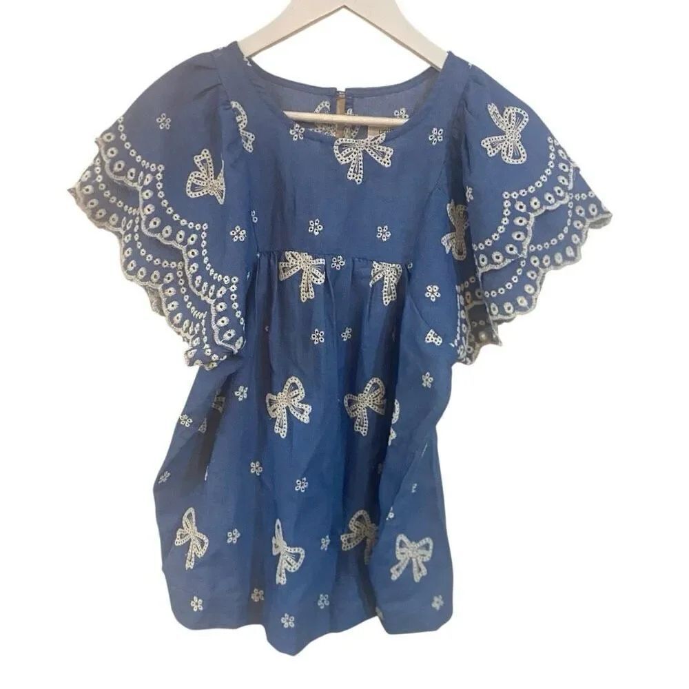 Umgee NWT small cotton blend embroidered bows white blue short flutter ruffled s